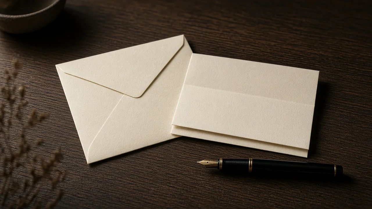 A cream envelope, a blank folded letter, and a fountain pen on a dark oak desk.
