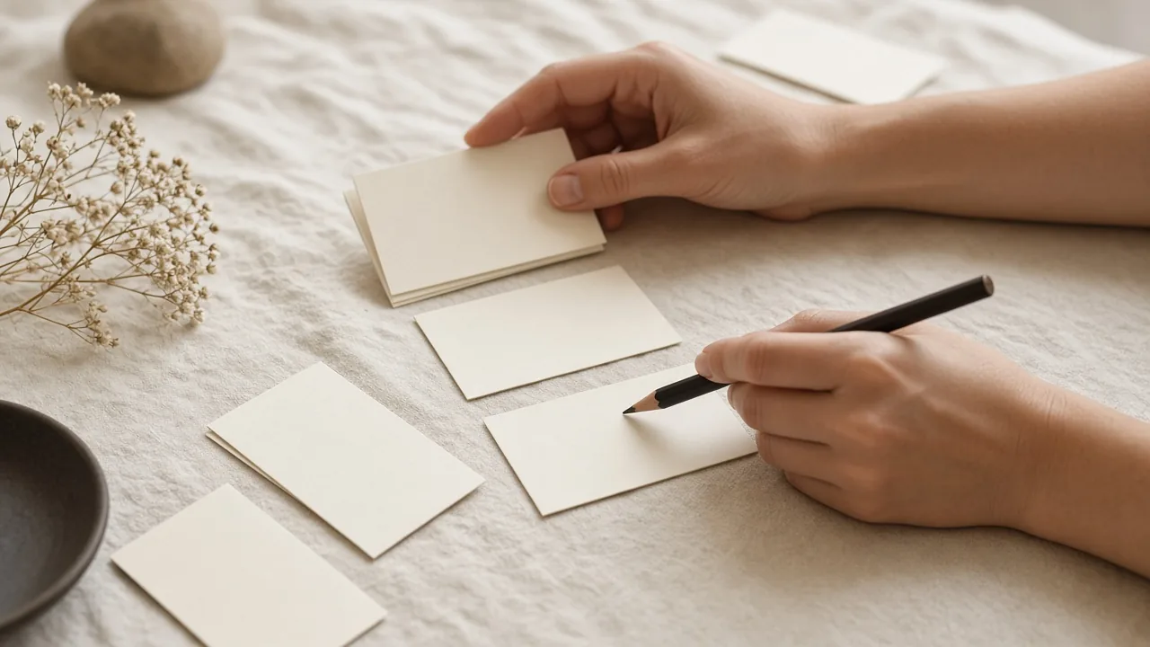 Hands arranging blank cream cards and a pencil on linen, planning work without any product interface visible.