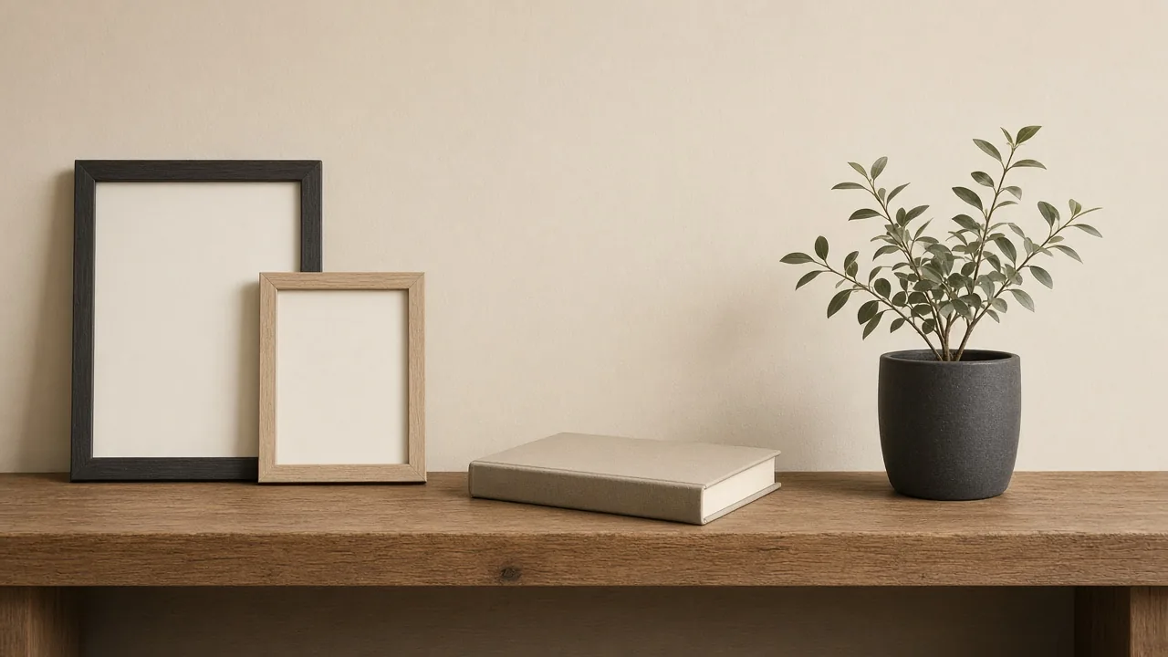 Empty picture frames, a blank book, and a small plant on a wooden shelf, waiting for real work to be shown.