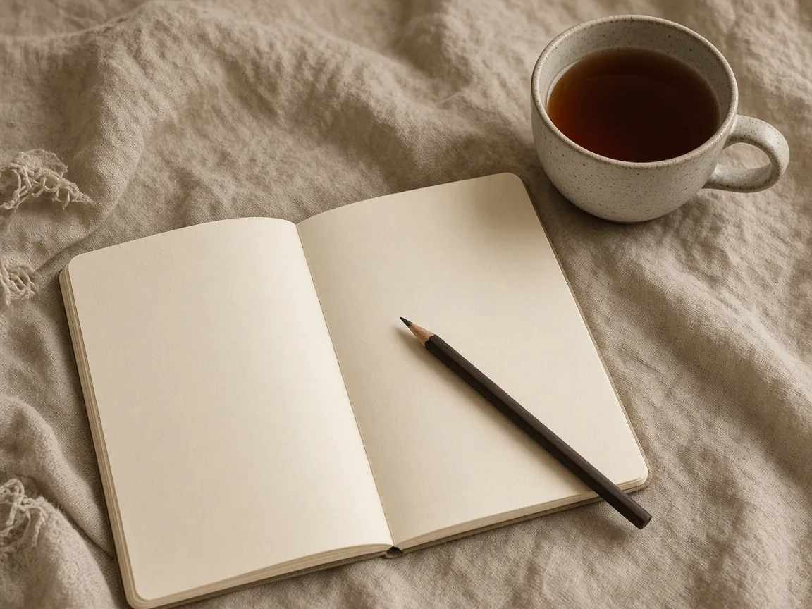 A blank open notebook, a pencil, and a cup of tea on linen — a still life for a productivity category.