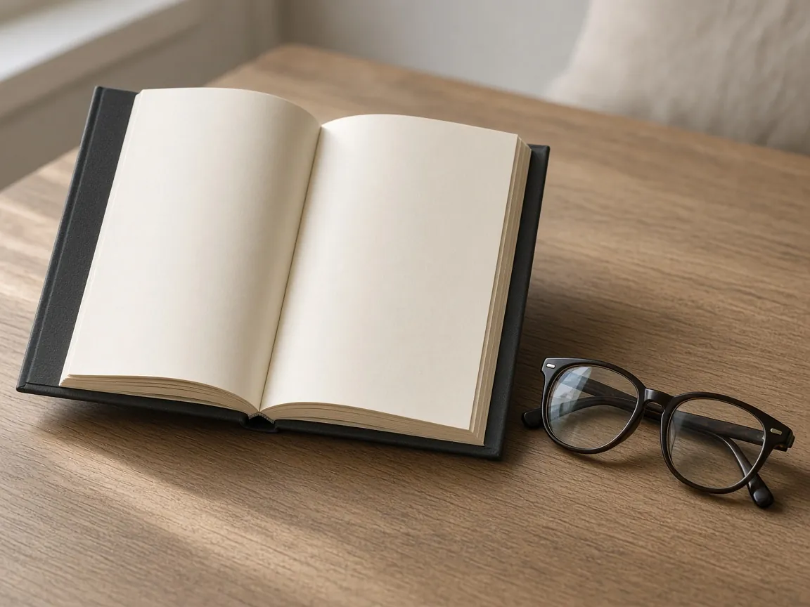 An open blank hardcover book and reading glasses on an oak table — a still life for a reference category.