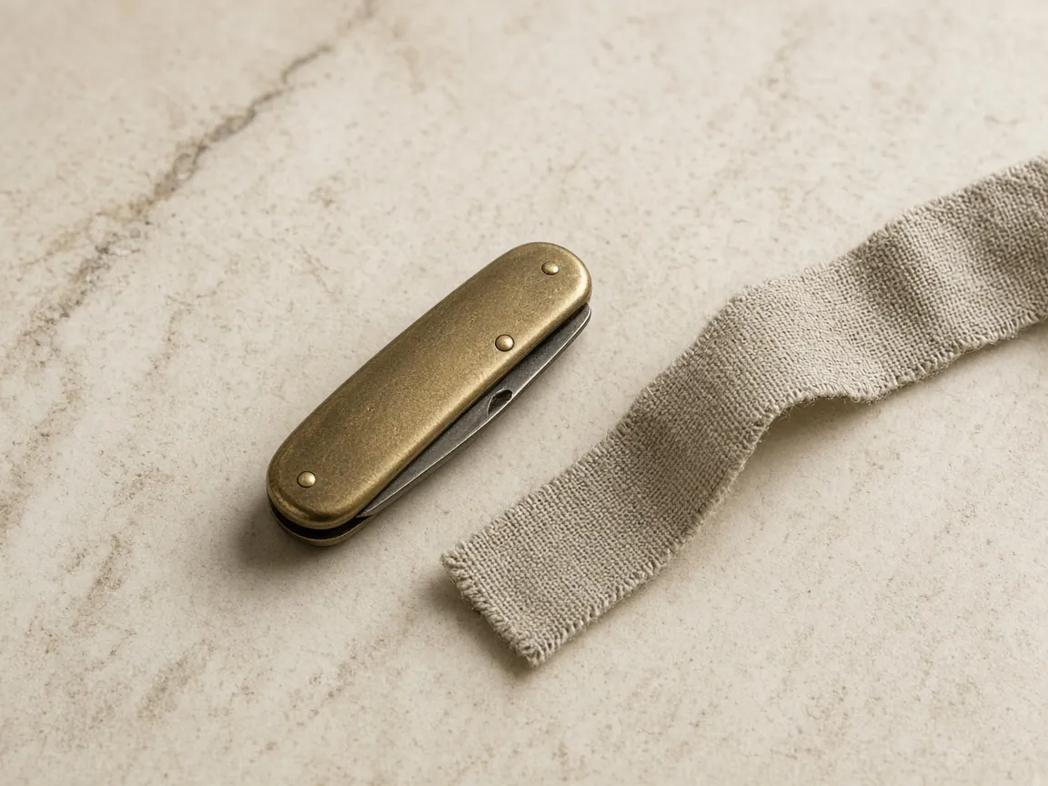 A brass pocket knife and a strip of linen on cream stone — a still life for a utility category, not an app.